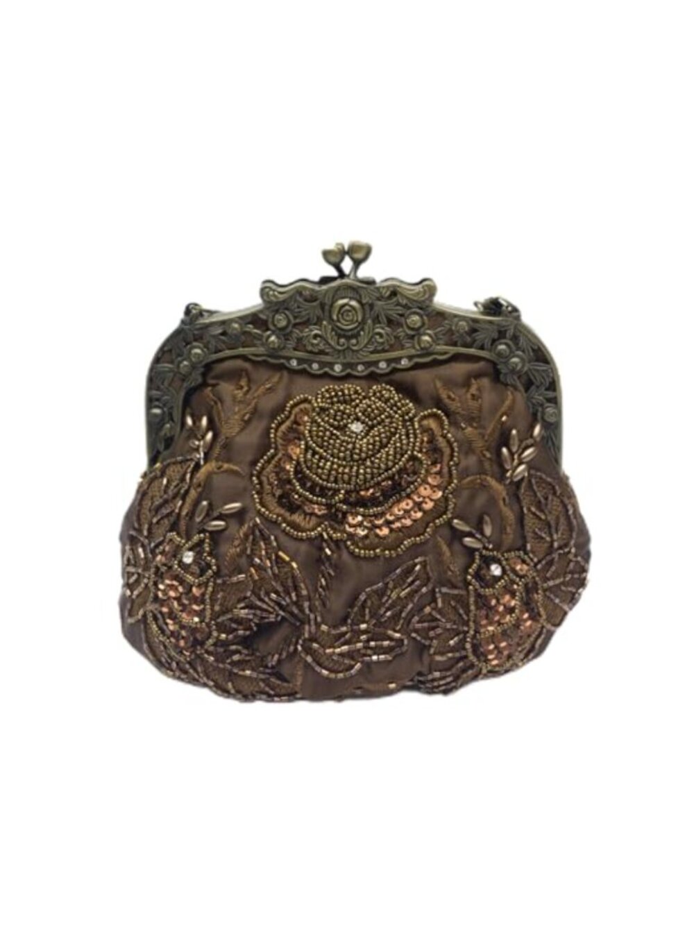 Handmade Beaded Rose Clutch – Sequin Kiss Lock Evening Bag with 2 Chains